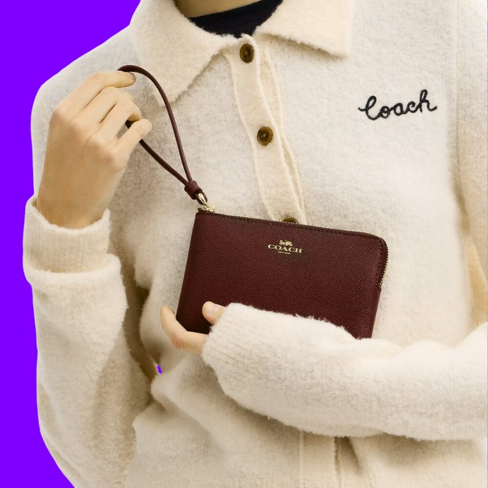 COACH Corner Zip Canvas & Leather Wristlet - Chocolate